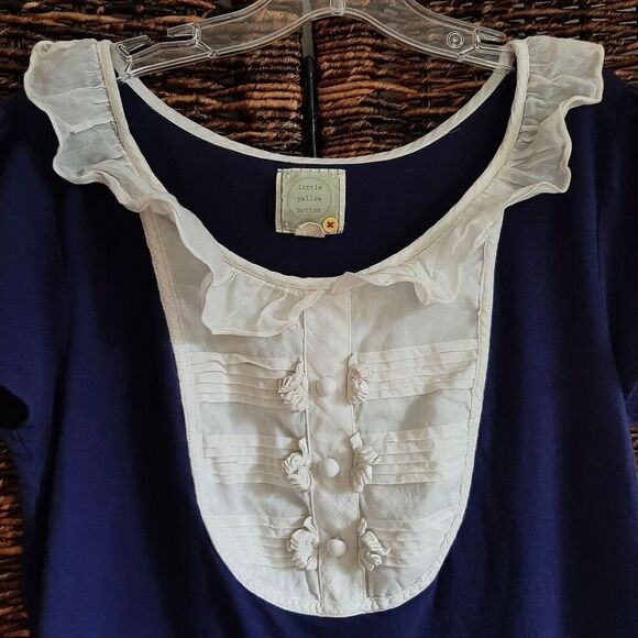 Anthropologie Little Yellow Button Tee Small Blue Pintuck Ruffle Twee Coquette - Picture 2 of 8